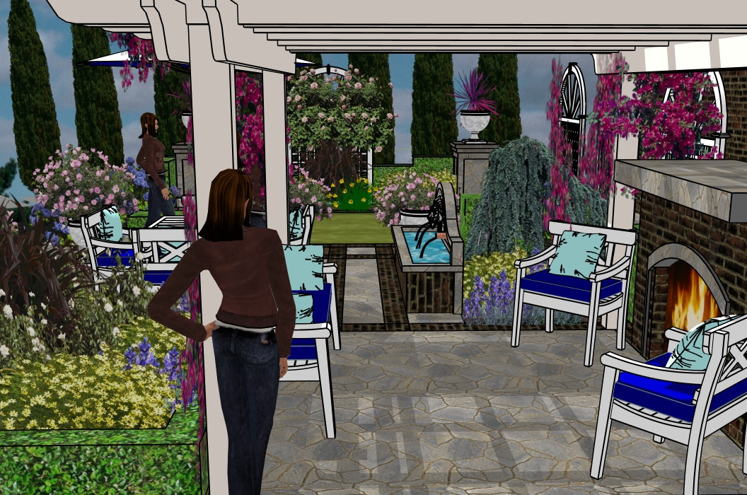 Luxury Cypress Theatrical landscape design video for rectangular lots, featuring a custom shade structure, elegant pergola, sculptural water feature, modern outdoor fireplace, refined dining and seating areas, brick and stone patio spaces, curated xeric planting, small lawn areas, and contemporary grilling zones. A high‑end, low‑maintenance, low‑water‑use digital landscape plan blending modern style with timeless traditional character.