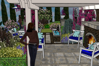 Luxury Cypress Theatrical landscape design video for rectangular lots, featuring a custom shade structure, elegant pergola, sculptural water feature, modern outdoor fireplace, refined dining and seating areas, brick and stone patio spaces, curated xeric planting, small lawn areas, and contemporary grilling zones. A high‑end, low‑maintenance, low‑water‑use digital landscape plan blending modern style with timeless traditional character.