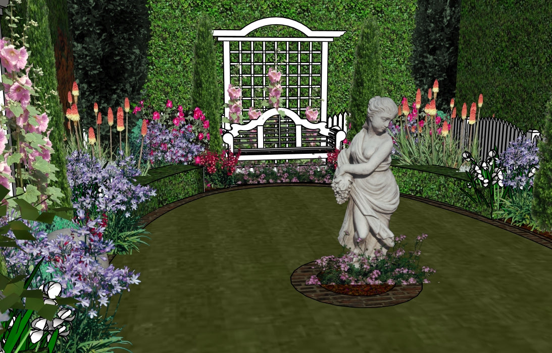 Luxury American Colonial landscape design video for L‑shaped lots, featuring a custom shade structure, sculptural water feature, refined dining and seating areas, brick patio spaces, curated xeric planting, small lawn areas, steps, and a traditional grilling zone. A high‑end, low‑maintenance, low‑water‑use digital landscape plan blending modern outdoor living with timeless Colonial style.