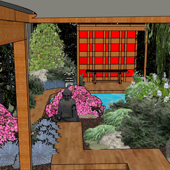 Luxury Tokyo Zen landscape design video for L‑shaped lots, featuring a custom shade structure, sculptural water feature, refined dining and seating areas, wood‑decking patio spaces, curated xeric planting, a small lawn area, contemporary grilling zone, natural boulders, river rock, and elegant low walls. A high‑end, low‑maintenance, low‑water‑use digital landscape plan blending modern design with traditional Zen‑inspired tranquility.