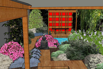 Luxury Tokyo Zen landscape design video for L‑shaped lots, featuring a custom shade structure, sculptural water feature, refined dining and seating areas, wood‑decking patio spaces, curated xeric planting, a small lawn area, contemporary grilling zone, natural boulders, river rock, and elegant low walls. A high‑end, low‑maintenance, low‑water‑use digital landscape plan blending modern design with traditional Zen‑inspired tranquility.