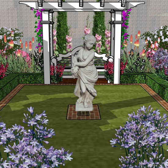 Luxury American Colonial landscape design video for rectangular lots, featuring a custom shade structure, elegant pergola, sculptural water feature, refined dining and seating areas, brick patio spaces, brick steps, curated xeric planting, small lawn areas, and traditional grilling zones. A high‑end, low‑maintenance, low‑water‑use digital landscape plan blending modern outdoor living with timeless Colonial style.