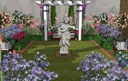 Luxury American Colonial landscape design video for rectangular lots, featuring a custom shade structure, elegant pergola, sculptural water feature, refined dining and seating areas, brick patio spaces, brick steps, curated xeric planting, small lawn areas, and traditional grilling zones. A high‑end, low‑maintenance, low‑water‑use digital landscape plan blending modern outdoor living with timeless Colonial style.