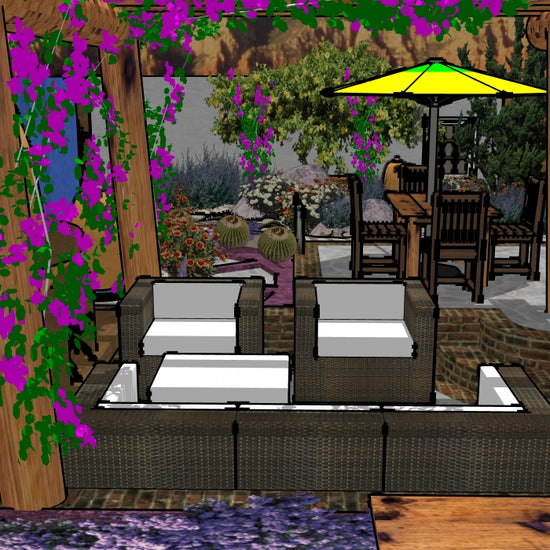 Luxury Southwestern landscape design video for L‑shaped lots, featuring a custom shade structure, sculptural water feature, outdoor fireplace, refined dining and seating areas, stone patio spaces, steps, curated xeric planting, a grilling zone, dry stream, steppingstones, and elegant low walls. A high‑end, low‑maintenance, low‑water‑use digital landscape plan inspired by timeless regional Southwestern style.