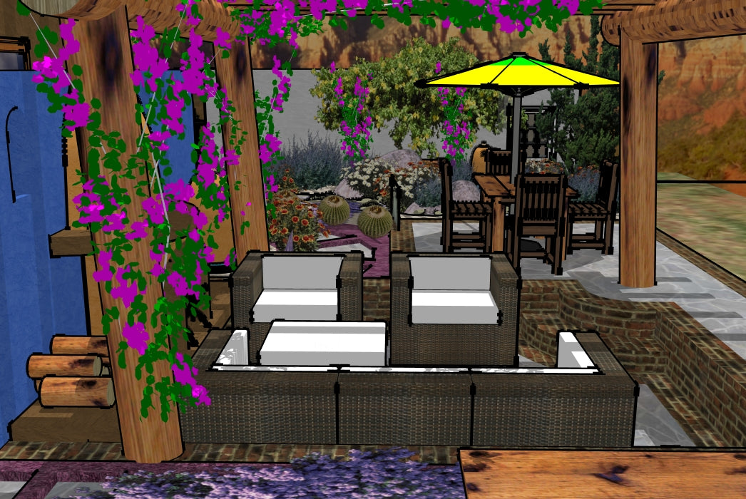 Luxury Southwestern landscape design video for L‑shaped lots, featuring a custom shade structure, sculptural water feature, outdoor fireplace, refined dining and seating areas, stone patio spaces, steps, curated xeric planting, a grilling zone, dry stream, steppingstones, and elegant low walls. A high‑end, low‑maintenance, low‑water‑use digital landscape plan inspired by timeless regional Southwestern style.