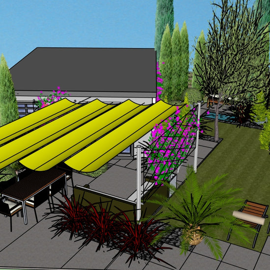 Luxury Contemporary Chic landscape design video for L‑shaped lots, featuring a custom shade structure, sculptural water feature, refined dining and seating areas, wood‑decking and concrete patio spaces, curated xeric planting, small lawn areas, and contemporary grilling zones. A high‑end, low‑maintenance, low‑water‑use digital landscape plan with sleek, modern, design‑forward outdoor living style.