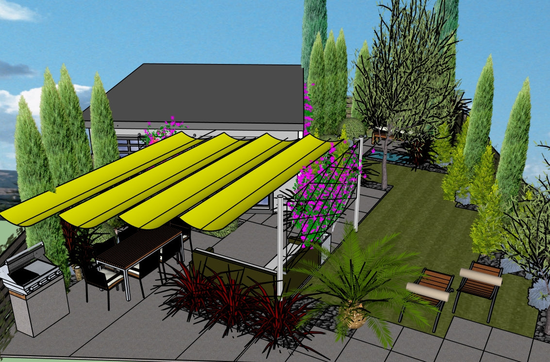 Luxury Contemporary Chic landscape design video for L‑shaped lots, featuring a custom shade structure, sculptural water feature, refined dining and seating areas, wood‑decking and concrete patio spaces, curated xeric planting, small lawn areas, and contemporary grilling zones. A high‑end, low‑maintenance, low‑water‑use digital landscape plan with sleek, modern, design‑forward outdoor living style.