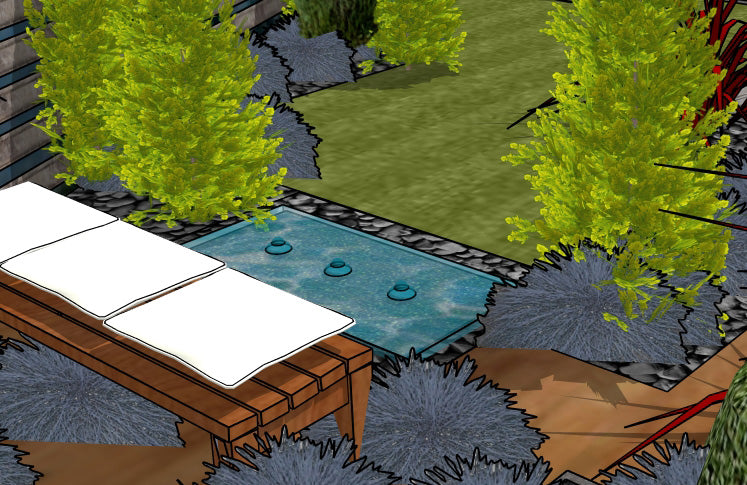 Luxury Contemporary Chic landscape design video for L‑shaped lots, featuring a custom shade structure, sculptural water feature, refined dining and seating areas, wood‑decking and concrete patio spaces, curated xeric planting, small lawn areas, and contemporary grilling zones. A high‑end, low‑maintenance, low‑water‑use digital landscape plan with sleek, modern, design‑forward outdoor living style.