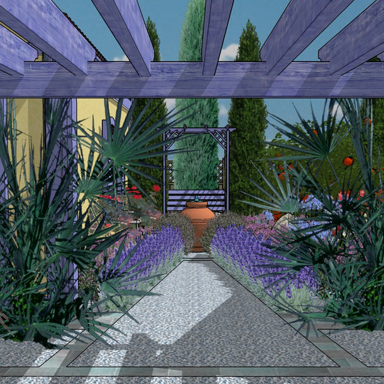 Luxury French Provençal landscape design video for L‑shaped lots, featuring a custom pergola, sculptural water feature, refined dining and seating areas, stone patio spaces, and curated xeric planting. A high‑end, low‑maintenance, low‑water‑use digital landscape plan inspired by timeless Cézanne‑style Provençal elegance.