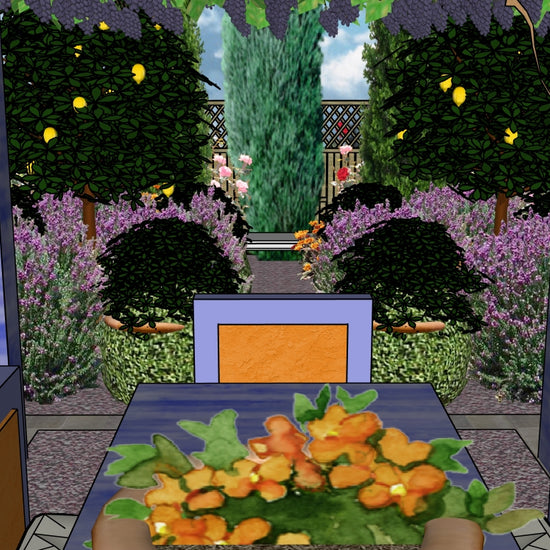 Luxury French Provençal landscape design video for L‑shaped lots, featuring a custom pergola, elegant water feature, refined dining and seating areas, stone patio spaces, and curated xeric planting. A high‑end, low‑maintenance, low‑water‑use digital landscape plan inspired by timeless Provençal style.