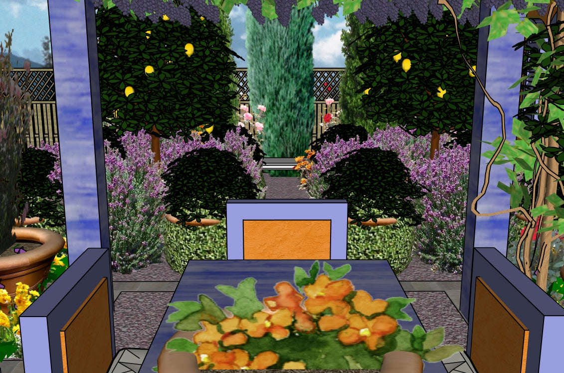 Luxury French Provençal landscape design video for L‑shaped lots, featuring a custom pergola, elegant water feature, refined dining and seating areas, stone patio spaces, and curated xeric planting. A high‑end, low‑maintenance, low‑water‑use digital landscape plan inspired by timeless Provençal style.