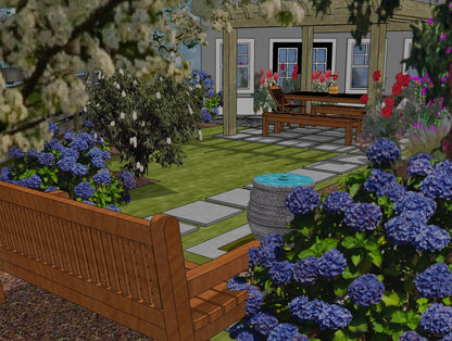 Luxury Townhome landscape design video for L‑shaped lots, featuring a custom shade structure, elegant pergola, sculptural water feature, refined dining and seating areas, stone‑paver patio spaces, curated xeric planting, small lawn areas, and a contemporary grilling zone. A high‑end, low‑maintenance, low‑water‑use digital landscape plan blending modern style with timeless traditional charm.