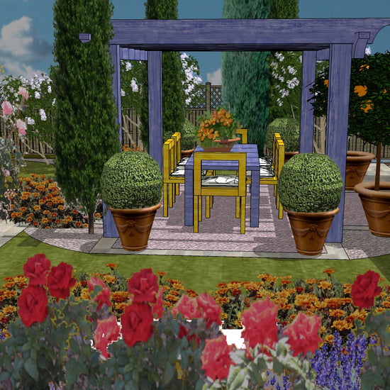 Luxury French Provençal landscape design video for L‑shaped lots, featuring a custom pergola, sculptural water feature, refined dining and seating areas, stone patio spaces, curated xeric planting, and elegant low walls. A high‑end, low‑maintenance, low‑water‑use digital landscape plan inspired by timeless Provençal style.