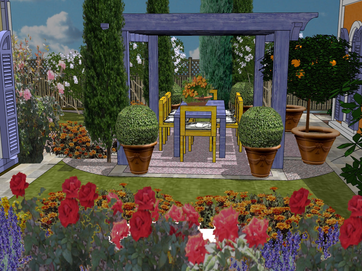 Luxury French Provençal landscape design video for L‑shaped lots, featuring a custom pergola, sculptural water feature, refined dining and seating areas, stone patio spaces, curated xeric planting, and elegant low walls. A high‑end, low‑maintenance, low‑water‑use digital landscape plan inspired by timeless Provençal style.