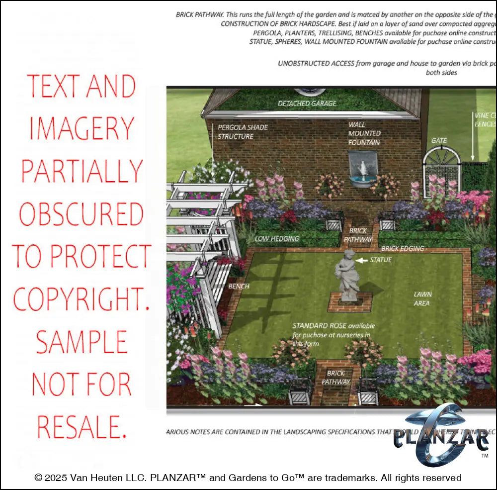 Design overview for the rectangular American Colonial landscape plan, outlining the layout logic behind the custom shade structure, elegant pergola, sculptural water feature, brick patio spaces, brick steps, refined dining and seating areas, small lawn areas, traditional grilling zones, and curated xeric planting. Highlights the luxury, low‑maintenance, low‑water‑use outdoor style blending modern living with timeless Colonial character.