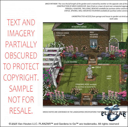 Design overview for the rectangular American Colonial landscape plan, outlining the layout logic behind the custom shade structure, elegant pergola, sculptural water feature, brick patio spaces, brick steps, refined dining and seating areas, small lawn areas, traditional grilling zones, and curated xeric planting. Highlights the luxury, low‑maintenance, low‑water‑use outdoor style blending modern living with timeless Colonial character.