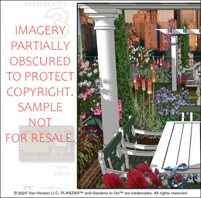 3D color rendering of the rectangular American Colonial landscape design, featuring a custom shade structure, elegant pergola, sculptural water feature, brick patio spaces, brick steps, refined dining and seating areas, small lawn areas, traditional grilling zones, and curated xeric planting. A luxury, low‑maintenance, low‑water‑use outdoor space blending modern outdoor living with timeless Colonial style.