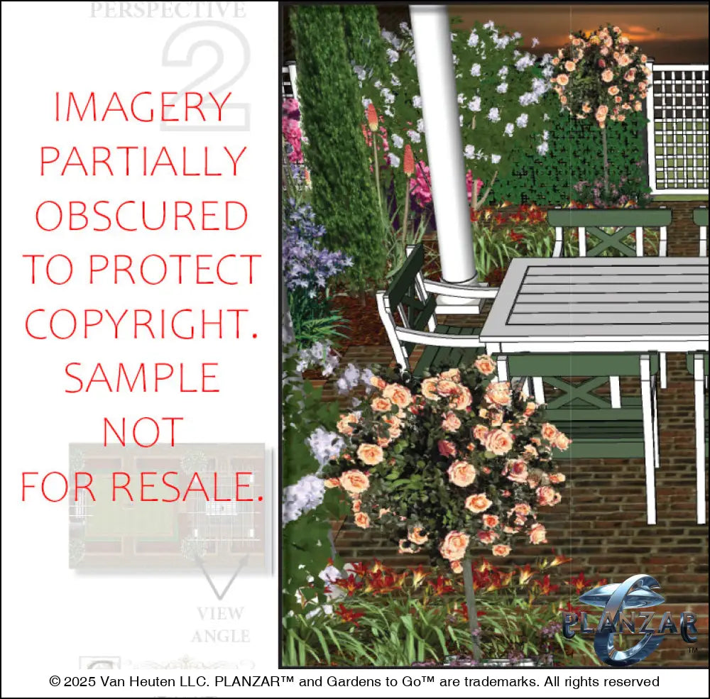 3D color rendering of the rectangular American Colonial landscape design, featuring a custom shade structure, elegant pergola, sculptural water feature, brick patio spaces, brick steps, refined dining and seating areas, small lawn areas, traditional grilling zones, and curated xeric planting. A luxury, low‑maintenance, low‑water‑use outdoor space blending modern outdoor living with timeless Colonial style.