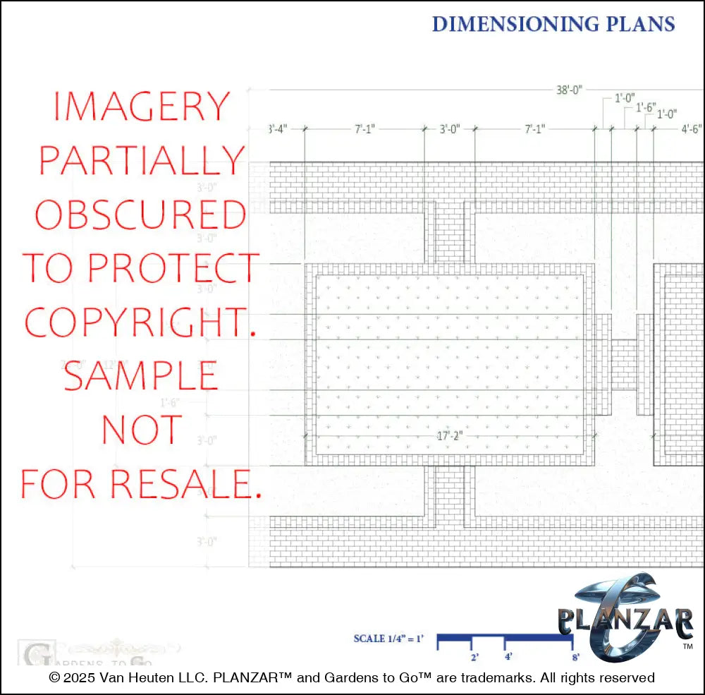 Architectural dimensions plan and layout for the rectangular American Colonial landscape design, showing scaled measurements, structural outlines, and spatial relationships for accurate installation. Includes the lot footprint, brick patio zones, shade‑structure placement, elegant pergola, sculptural water feature, brick steps, refined dining and seating areas, small lawn areas, traditional grilling zones, and curated xeric planting—supporting the luxury, low‑maintenance, low‑water‑use Colonial style.
