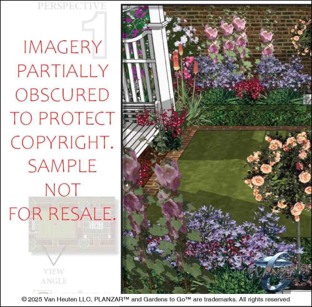 3D color rendering of the rectangular American Colonial landscape design, featuring a custom shade structure, elegant pergola, sculptural water feature, brick patio spaces, brick steps, refined dining and seating areas, small lawn areas, traditional grilling zones, and curated xeric planting. A luxury, low‑maintenance, low‑water‑use outdoor space blending modern outdoor living with timeless Colonial style.