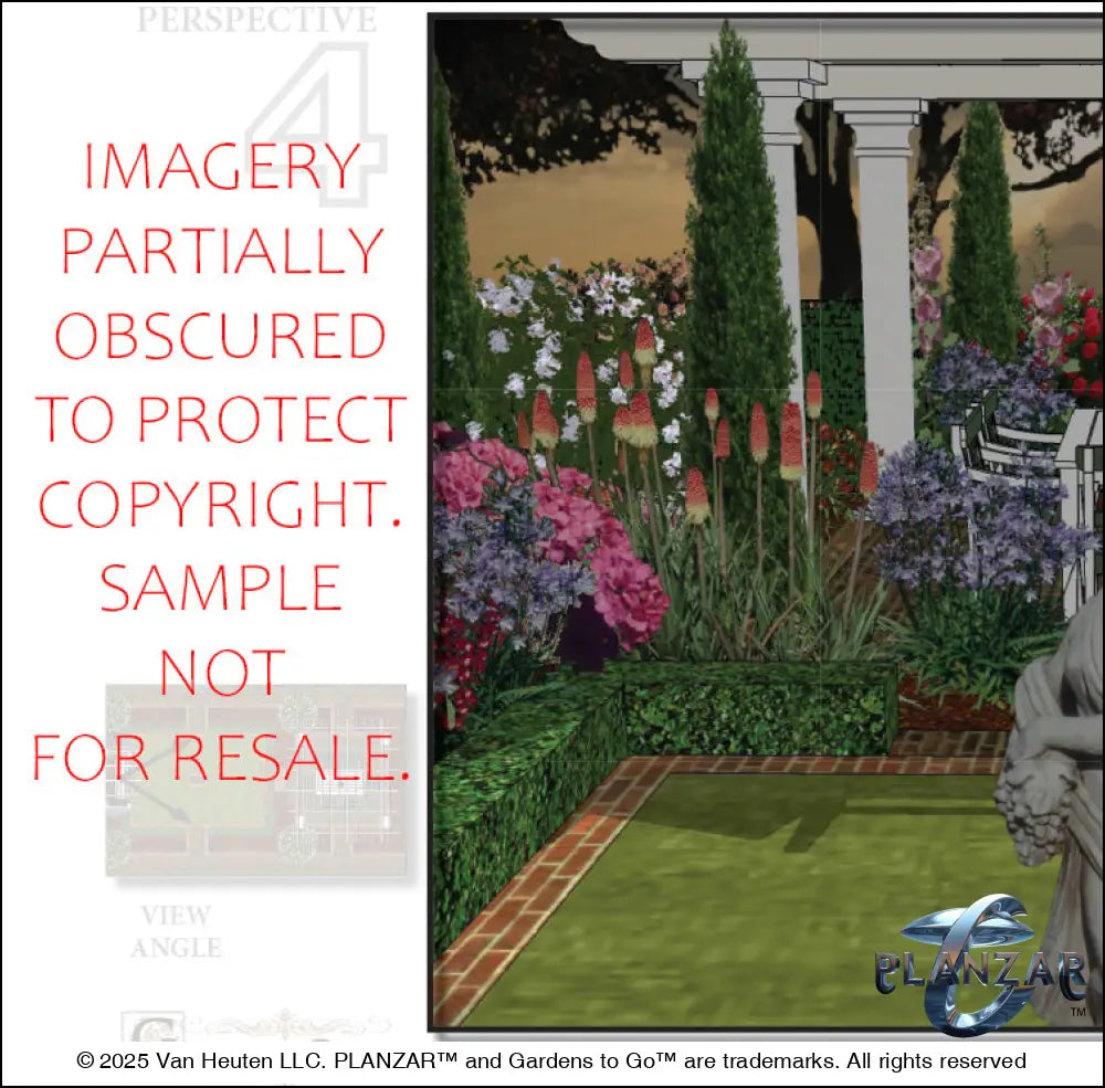 3D color rendering of the rectangular American Colonial landscape design, featuring a custom shade structure, elegant pergola, sculptural water feature, brick patio spaces, brick steps, refined dining and seating areas, small lawn areas, traditional grilling zones, and curated xeric planting. A luxury, low‑maintenance, low‑water‑use outdoor space blending modern outdoor living with timeless Colonial style.