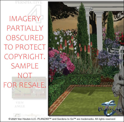 3D color rendering of the rectangular American Colonial landscape design, featuring a custom shade structure, elegant pergola, sculptural water feature, brick patio spaces, brick steps, refined dining and seating areas, small lawn areas, traditional grilling zones, and curated xeric planting. A luxury, low‑maintenance, low‑water‑use outdoor space blending modern outdoor living with timeless Colonial style.