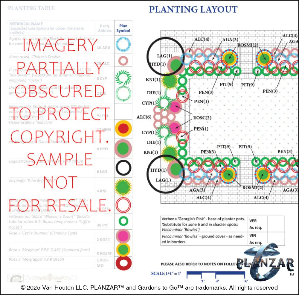 Plant list and layout for the rectangular American Colonial landscape design, showing plant symbols, quantities, species abbreviations, and placement across the lot. Includes a color‑coded legend, pot indicators, and zone notes to guide accurate installation and long‑term care of the curated xeric planting used in this luxury, low‑maintenance, low‑water‑use plan blending modern outdoor living with timeless Colonial character.