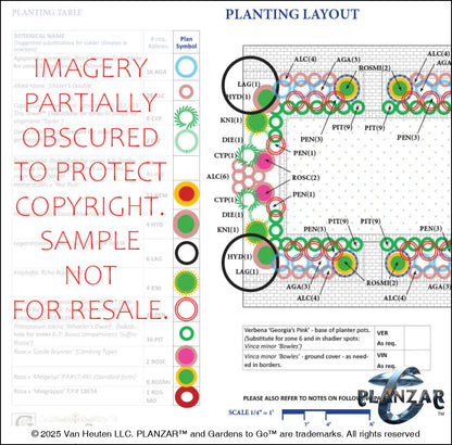 Plant list and layout for the rectangular American Colonial landscape design, showing plant symbols, quantities, species abbreviations, and placement across the lot. Includes a color‑coded legend, pot indicators, and zone notes to guide accurate installation and long‑term care of the curated xeric planting used in this luxury, low‑maintenance, low‑water‑use plan blending modern outdoor living with timeless Colonial character.