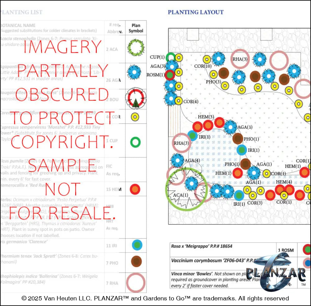 Plant list and layout for the rectangular Babbling Brook landscape design, showing plant symbols, quantities, species abbreviations, and placement across the lot. Includes a color‑coded legend, pot indicators, and zone notes to guide accurate installation and long‑term care of the curated xeric planting used in this luxury, low‑maintenance, low‑water‑use plan blending modern outdoor living with timeless traditional charm.