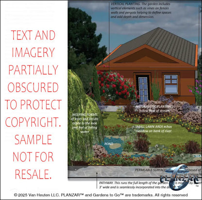 Design overview for the rectangular Babbling Brook landscape plan, outlining the layout logic behind the custom shade structure, elegant pergola, sculptural water feature, stone patio spaces, refined dining and seating areas, small lawn areas, contemporary grilling zones, and curated xeric planting. Highlights the luxury, low‑maintenance, low‑water‑use outdoor style blending modern living with timeless traditional charm.