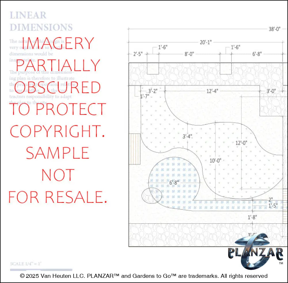 Architectural dimensions plan and layout for the rectangular Babbling Brook landscape design, showing scaled measurements, structural outlines, and spatial relationships for accurate installation. Includes the lot footprint, stone patio zones, shade‑structure placement, elegant pergola, sculptural water feature, refined dining and seating areas, small lawn areas, contemporary grilling zones, and curated xeric planting—supporting the luxury, low‑maintenance, low‑water‑use Babbling Brook style.