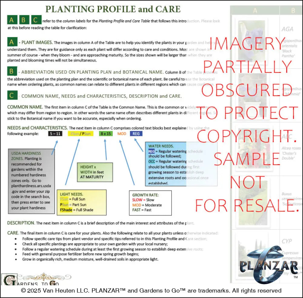 Planting guide for the rectangular Babbling Brook landscape design, featuring plant identification photos, botanical names, care notes, and guidance on light needs, watering, growth habits, and mature size. Supports proper installation and long‑term care of the curated xeric planting used in this luxury, low‑maintenance, low‑water‑use plan blending modern outdoor living with timeless traditional charm.