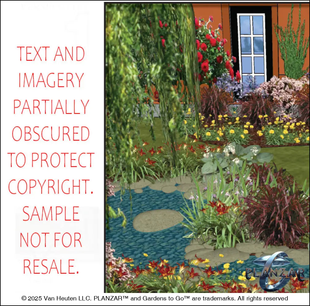3D color rendering of the rectangular Babbling Brook landscape design, featuring a custom shade structure, elegant pergola, sculptural water feature, stone patio spaces, refined dining and seating areas, small lawn areas, contemporary grilling zones, and curated xeric planting. A luxury, low‑maintenance, low‑water‑use outdoor space blending modern outdoor living with timeless traditional charm.