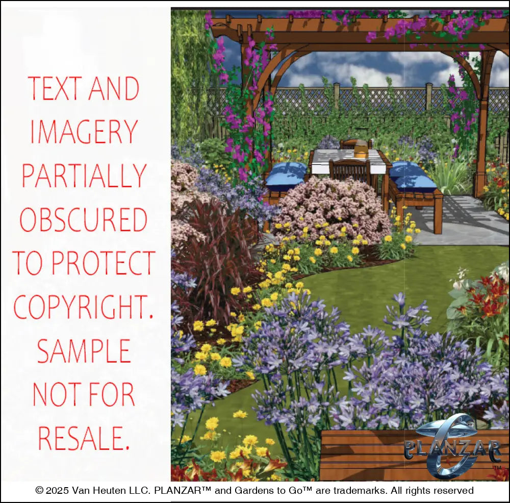 3D color rendering of the rectangular Babbling Brook landscape design, featuring a custom shade structure, elegant pergola, sculptural water feature, stone patio spaces, refined dining and seating areas, small lawn areas, contemporary grilling zones, and curated xeric planting. A luxury, low‑maintenance, low‑water‑use outdoor space blending modern outdoor living with timeless traditional charm.