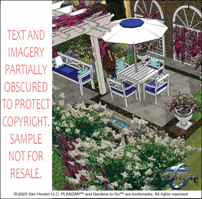 3D color rendering of the rectangular Cypress Theatrical landscape design, featuring a custom shade structure, elegant pergola, sculptural water feature, modern outdoor fireplace, brick and stone patio spaces, refined dining and seating areas, small lawn areas, contemporary grilling zones, and curated xeric planting. A luxury, low‑maintenance, low‑water‑use outdoor space blending modern style with timeless traditional character.