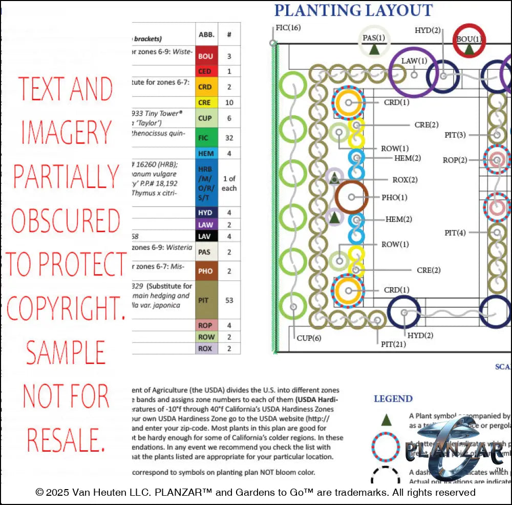 Plant list and layout for the rectangular Cypress Theatrical landscape design, showing plant symbols, quantities, species abbreviations, and placement across the lot. Includes a color‑coded legend, pot indicators, and zone notes to guide accurate installation and long‑term care of the curated xeric planting used in this luxury, low‑maintenance, low‑water‑use plan blending modern style with timeless traditional character.