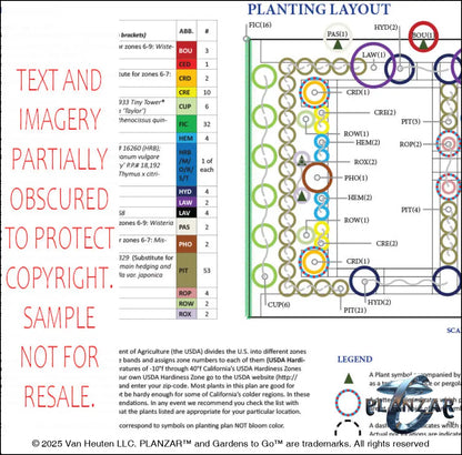 Plant list and layout for the rectangular Cypress Theatrical landscape design, showing plant symbols, quantities, species abbreviations, and placement across the lot. Includes a color‑coded legend, pot indicators, and zone notes to guide accurate installation and long‑term care of the curated xeric planting used in this luxury, low‑maintenance, low‑water‑use plan blending modern style with timeless traditional character.