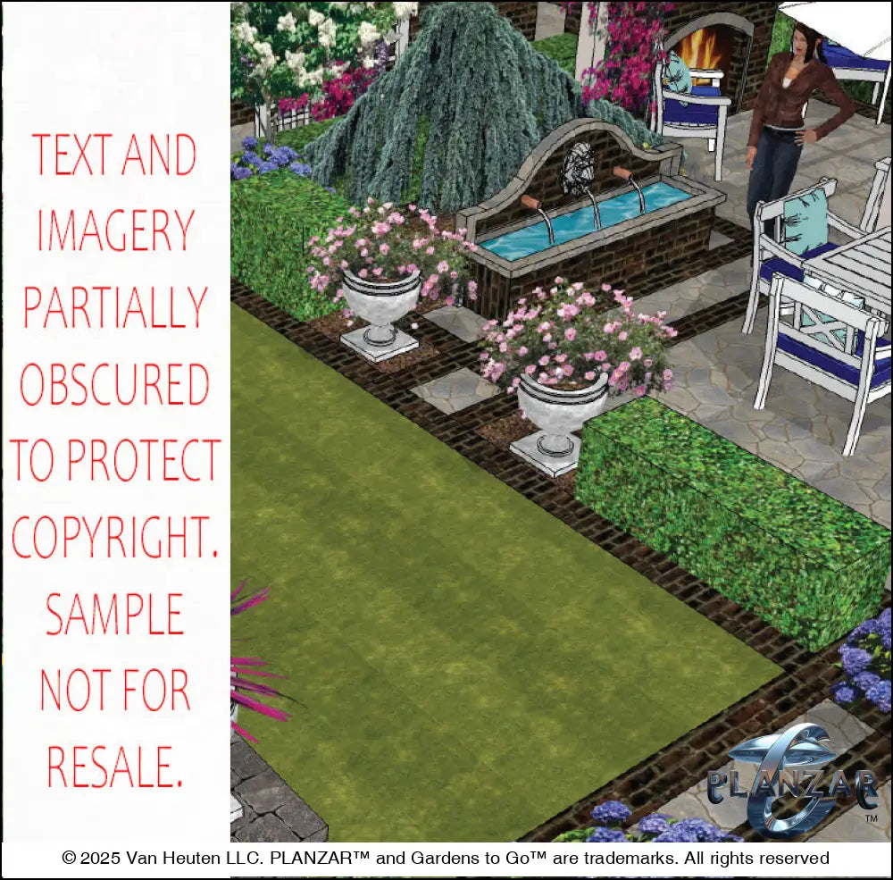 3D color rendering of the rectangular Cypress Theatrical landscape design, featuring a custom shade structure, elegant pergola, sculptural water feature, modern outdoor fireplace, brick and stone patio spaces, refined dining and seating areas, small lawn areas, contemporary grilling zones, and curated xeric planting. A luxury, low‑maintenance, low‑water‑use outdoor space blending modern style with timeless traditional character.