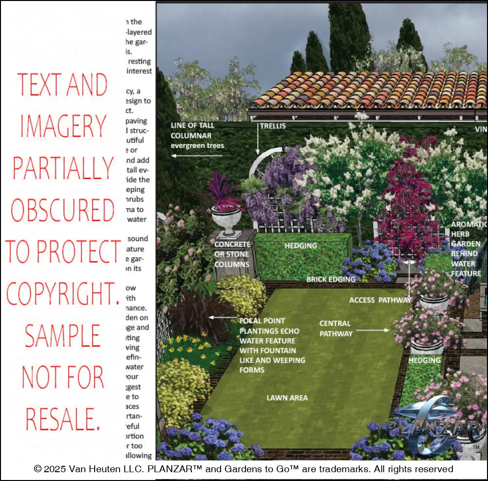 Design overview for the rectangular Cypress Theatrical landscape plan, outlining the layout logic behind the custom shade structure, elegant pergola, sculptural water feature, modern outdoor fireplace, brick and stone patio spaces, refined dining and seating areas, small lawn areas, contemporary grilling zones, and curated xeric planting. Highlights the luxury, low‑maintenance, low‑water‑use outdoor style blending modern design with timeless traditional character.