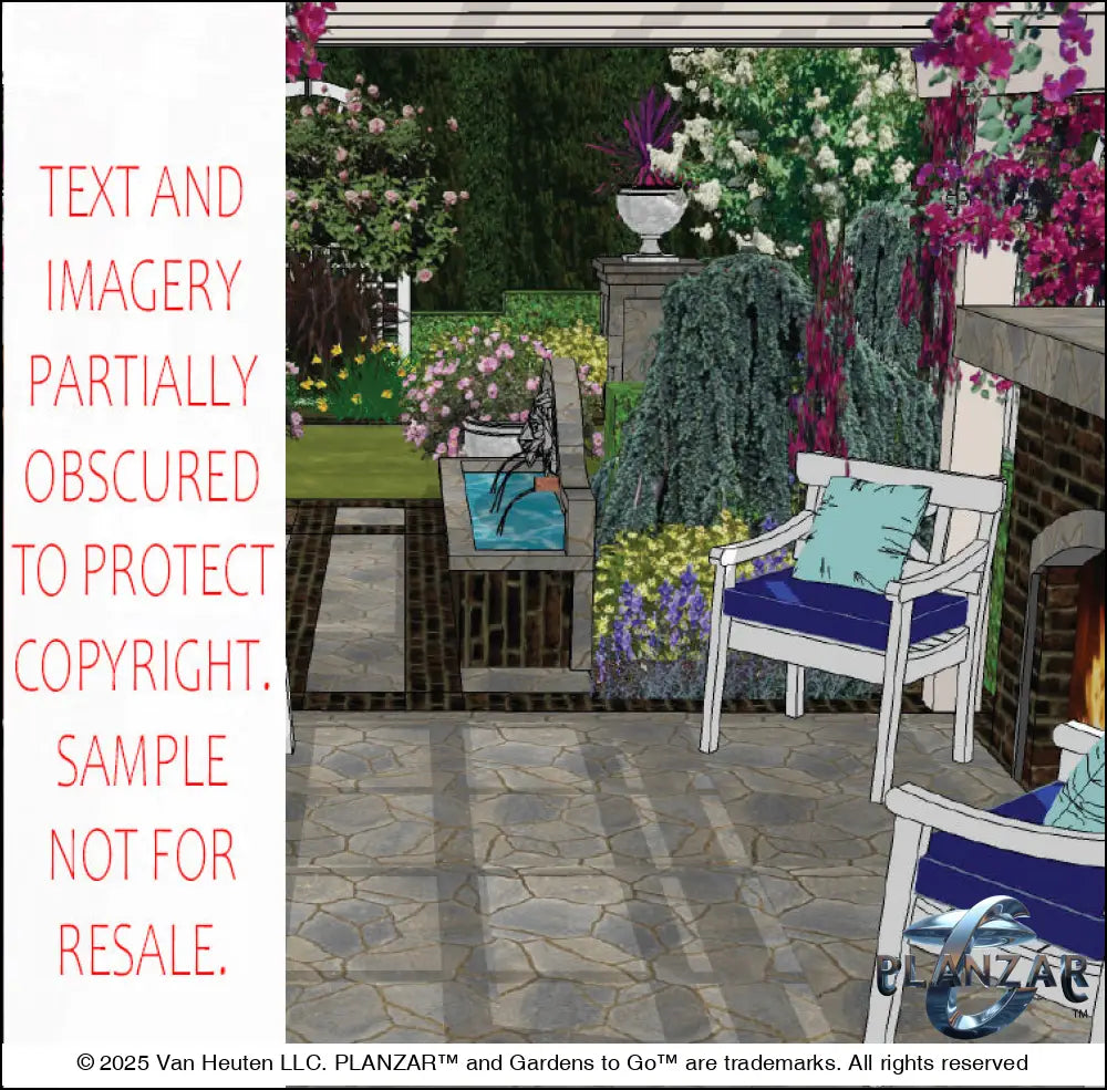 3D color rendering of the rectangular Cypress Theatrical landscape design, featuring a custom shade structure, elegant pergola, sculptural water feature, modern outdoor fireplace, brick and stone patio spaces, refined dining and seating areas, small lawn areas, contemporary grilling zones, and curated xeric planting. A luxury, low‑maintenance, low‑water‑use outdoor space blending modern style with timeless traditional character.