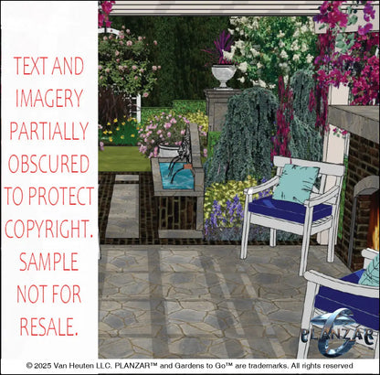 3D color rendering of the rectangular Cypress Theatrical landscape design, featuring a custom shade structure, elegant pergola, sculptural water feature, modern outdoor fireplace, brick and stone patio spaces, refined dining and seating areas, small lawn areas, contemporary grilling zones, and curated xeric planting. A luxury, low‑maintenance, low‑water‑use outdoor space blending modern style with timeless traditional character.