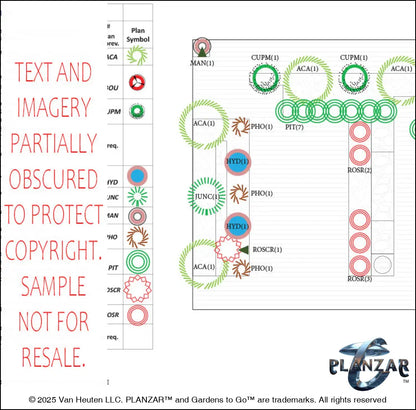 Plant list and layout for the rectangular Mid‑Century Modern landscape design, showing plant symbols, quantities, species abbreviations, and placement across the lot. Includes a color‑coded legend, pot indicators, and zone notes to guide accurate installation and long‑term care of the curated xeric planting used in this luxury, low‑maintenance, low‑water‑use Mid‑Century Modern plan.