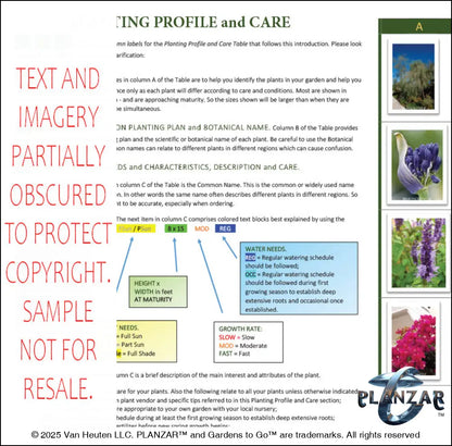 Planting guide for the rectangular Mid‑Century Modern landscape design, featuring plant identification photos, botanical names, care notes, and guidance on light needs, watering, growth habits, and mature size. Supports proper installation and long‑term care of the curated xeric planting used in this luxury, low‑maintenance, low‑water‑use plan inspired by iconic Mid‑Century Modern outdoor living.