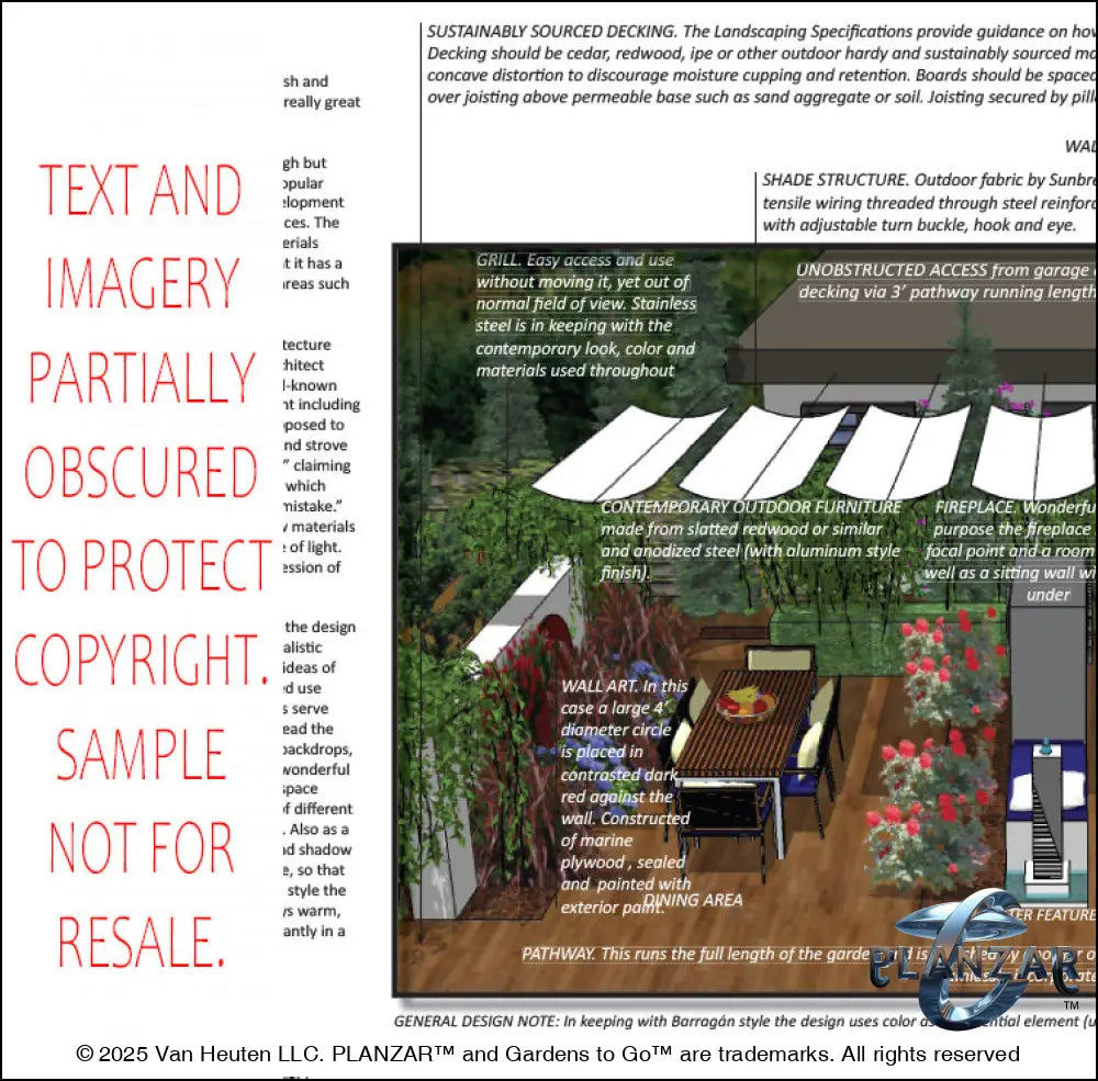 Design overview for the rectangular Mid‑Century Modern landscape plan, outlining the layout logic behind the custom shade structure, elegant pergola, sculptural water feature, modern outdoor fireplace, wood‑deck patio and pathway spaces, refined dining and seating areas, small lawn areas, contemporary grilling zones, and curated xeric planting. Highlights the luxury, low‑maintenance, low‑water‑use outdoor style inspired by iconic Mid‑Century Modern living.