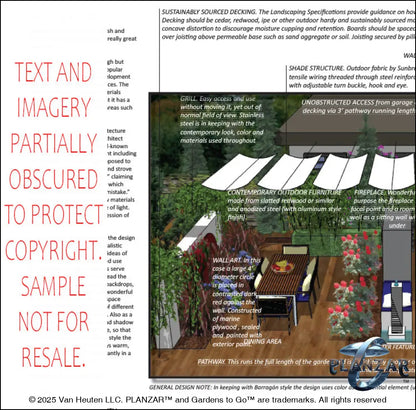 Design overview for the rectangular Mid‑Century Modern landscape plan, outlining the layout logic behind the custom shade structure, elegant pergola, sculptural water feature, modern outdoor fireplace, wood‑deck patio and pathway spaces, refined dining and seating areas, small lawn areas, contemporary grilling zones, and curated xeric planting. Highlights the luxury, low‑maintenance, low‑water‑use outdoor style inspired by iconic Mid‑Century Modern living.