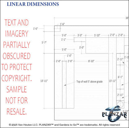 Architectural dimensions plan and layout for the rectangular Mid‑Century Modern landscape design, showing scaled measurements, structural outlines, and spatial relationships for accurate installation. Includes the lot footprint, wood‑deck patio and pathway zones, shade‑structure placement, elegant pergola, sculptural water feature, modern outdoor fireplace, refined dining and seating areas, small lawn areas, contemporary grilling zones, and curated xeric planting—supporting the luxury, low‑maintenance, low‑
