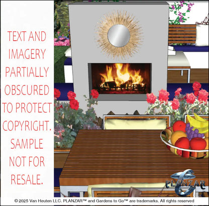 3D color rendering of the rectangular Mid‑Century Modern landscape design, featuring a custom shade structure, elegant pergola, sculptural water feature, modern outdoor fireplace, wood‑deck patio and pathway spaces, refined dining and seating areas, small lawn areas, contemporary grilling zones, and curated xeric planting. A luxury, low‑maintenance, low‑water‑use outdoor space inspired by iconic Mid‑Century Modern style.