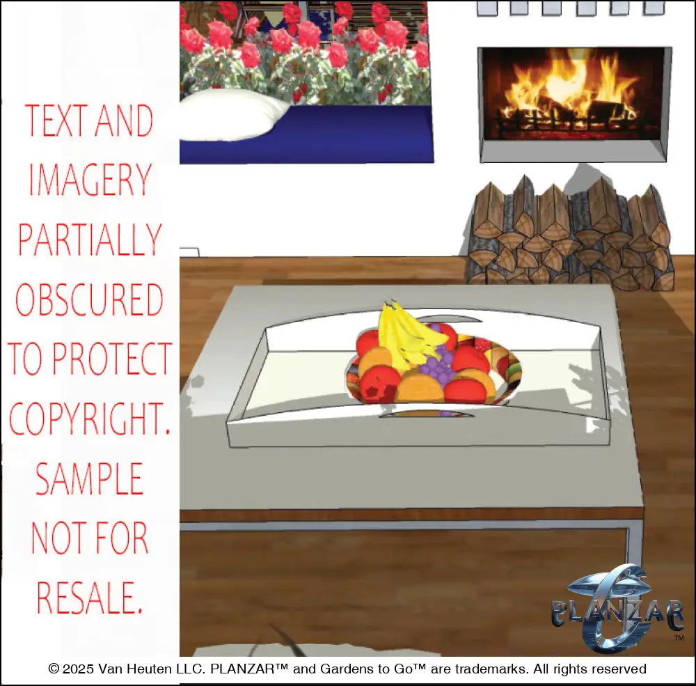 3D color rendering of the rectangular Mid‑Century Modern landscape design, featuring a custom shade structure, elegant pergola, sculptural water feature, modern outdoor fireplace, wood‑deck patio and pathway spaces, refined dining and seating areas, small lawn areas, contemporary grilling zones, and curated xeric planting. A luxury, low‑maintenance, low‑water‑use outdoor space inspired by iconic Mid‑Century Modern style.