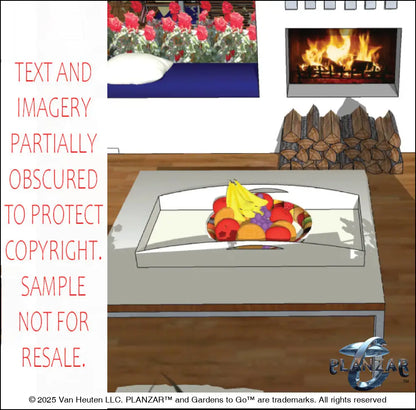 3D color rendering of the rectangular Mid‑Century Modern landscape design, featuring a custom shade structure, elegant pergola, sculptural water feature, modern outdoor fireplace, wood‑deck patio and pathway spaces, refined dining and seating areas, small lawn areas, contemporary grilling zones, and curated xeric planting. A luxury, low‑maintenance, low‑water‑use outdoor space inspired by iconic Mid‑Century Modern style.