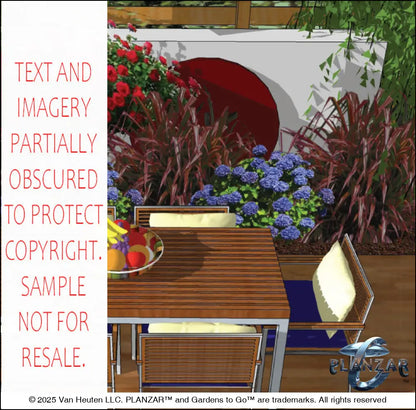 3D color rendering of the rectangular Mid‑Century Modern landscape design, featuring a custom shade structure, elegant pergola, sculptural water feature, modern outdoor fireplace, wood‑deck patio and pathway spaces, refined dining and seating areas, small lawn areas, contemporary grilling zones, and curated xeric planting. A luxury, low‑maintenance, low‑water‑use outdoor space inspired by iconic Mid‑Century Modern style.